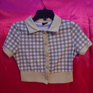 Gingham Collar Button Front Tee